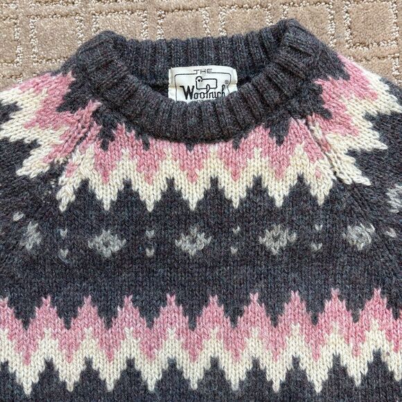 Woolrich Vintage Wool Fair Isle Nordic Sweater Women's M Gray Pink Warm Pullover - Picture 3 of 7